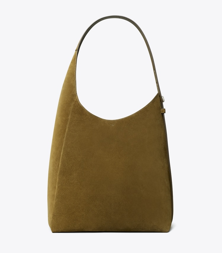 Tory Burch designer hobo bags Romy Suede Hobo Bag in Deep Olive front