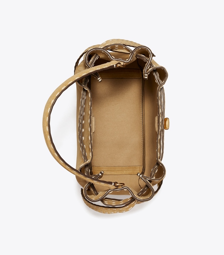 Tory Burch designer crossbody bags Romy Suede Pick Stitch Bucket Bag in Butter overhead