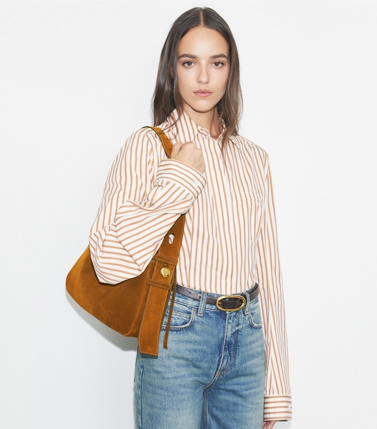 Tory Burch designer shoulder bags Romy Suede Shoulder Bag in Park Bench accessory on model