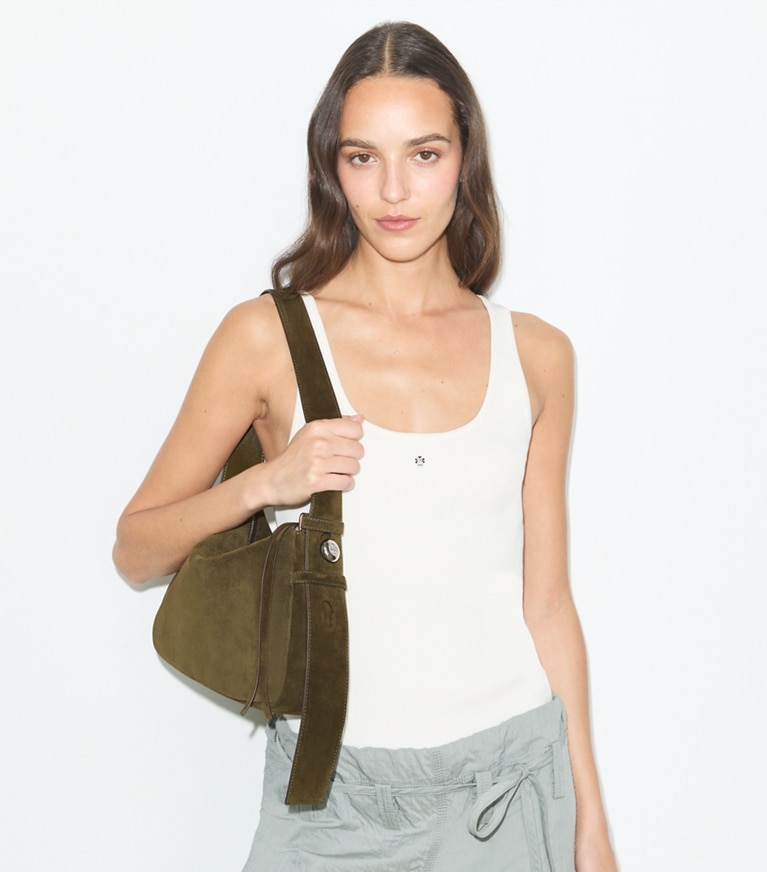 Tory Burch designer shoulder bags Romy Suede Shoulder Bag in Dark Olive accessory on model