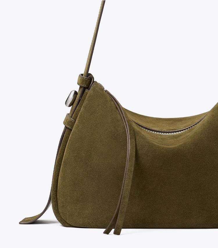 Tory Burch designer shoulder bags Romy Suede Shoulder Bag in Dark Olive detail