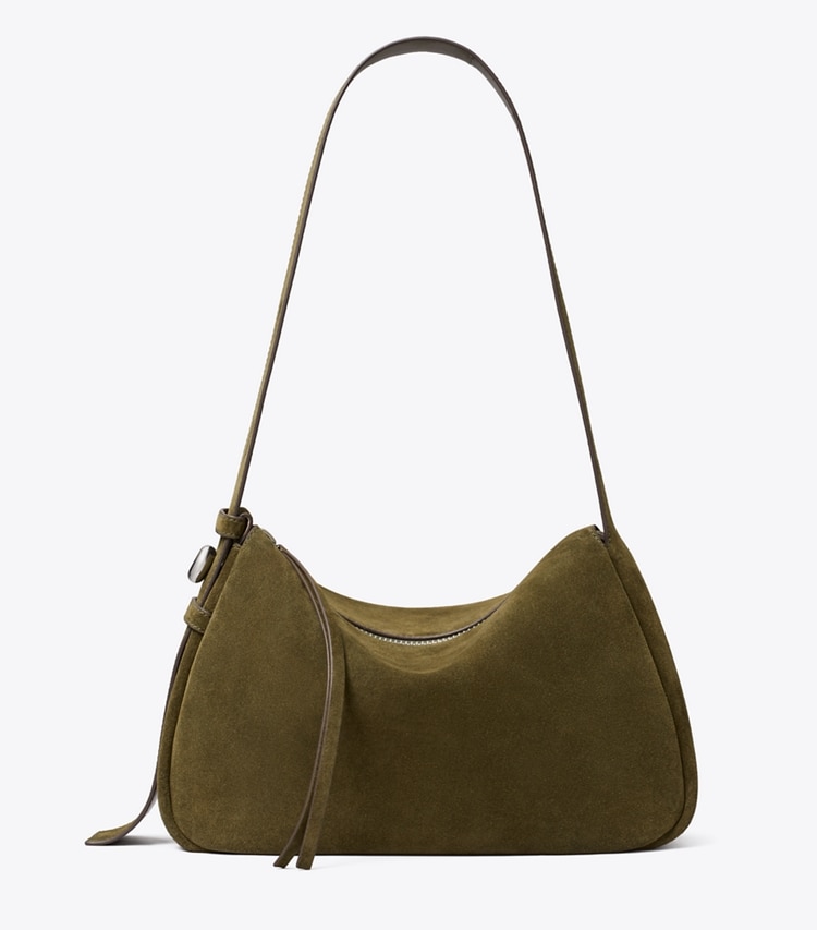 Tory Burch designer shoulder bags Romy Suede Shoulder Bag in Dark Olive front