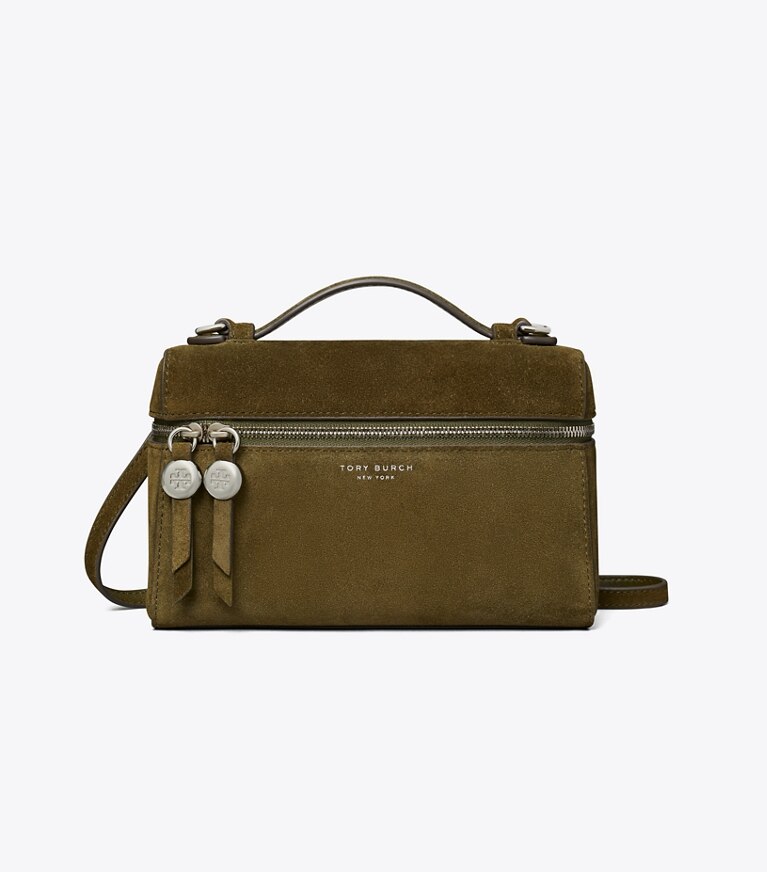 Tory Burch diseñador bolsos bandolera Romy Suede Slim con asa superior en Dark Olive frontal