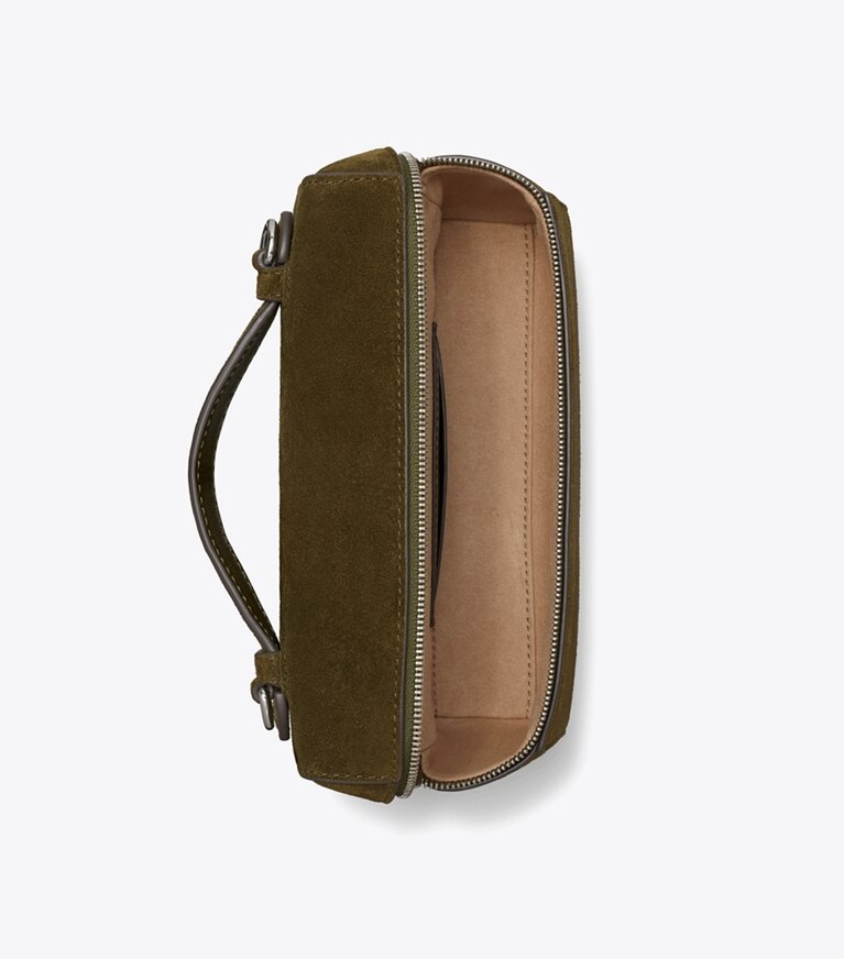 Tory Burch diseñador bolsos bandolera Romy Suede Slim con asa superior en Dark Olive desde arriba