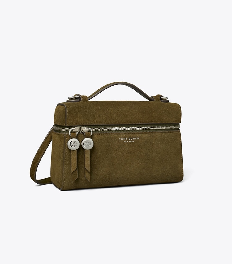 Tory Burch designer crossbody bags Romy Suede Slim Top Handle in Leccio angle