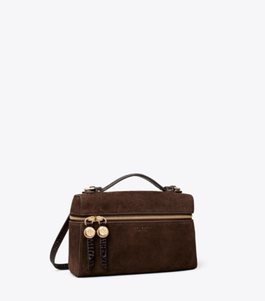 Tory Burch designer crossbody bags Romy Suede Slim Top Handle Bag in DARK COCOA angle