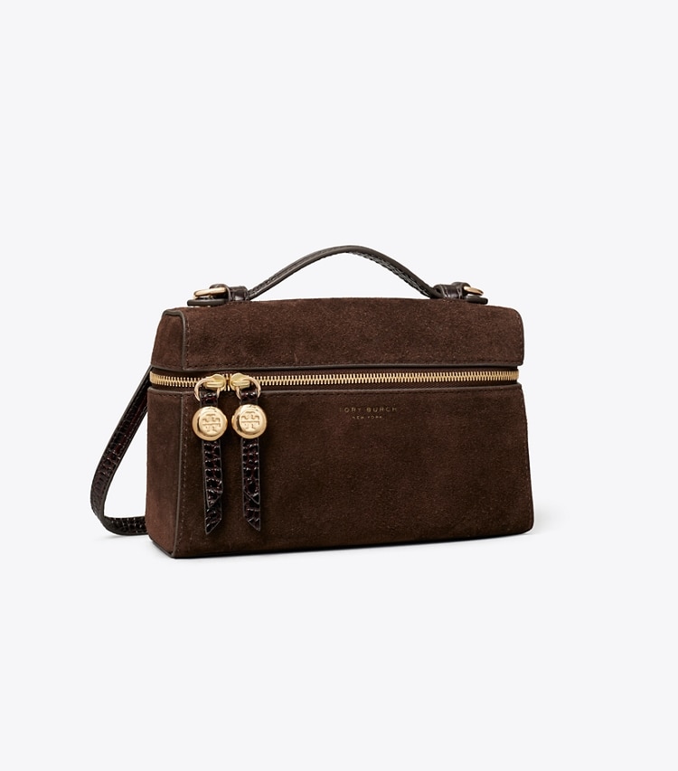 Tory Burch designer crossbody bags Romy Suede Slim Top Handle Bag in DARK COCOA angle