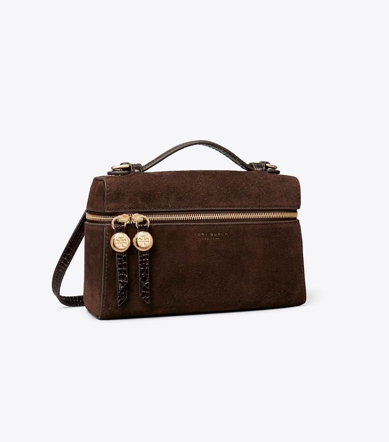 Tory Burch designer crossbody bags Romy Suede Slim Top Handle Bag in DARK COCOA angle
