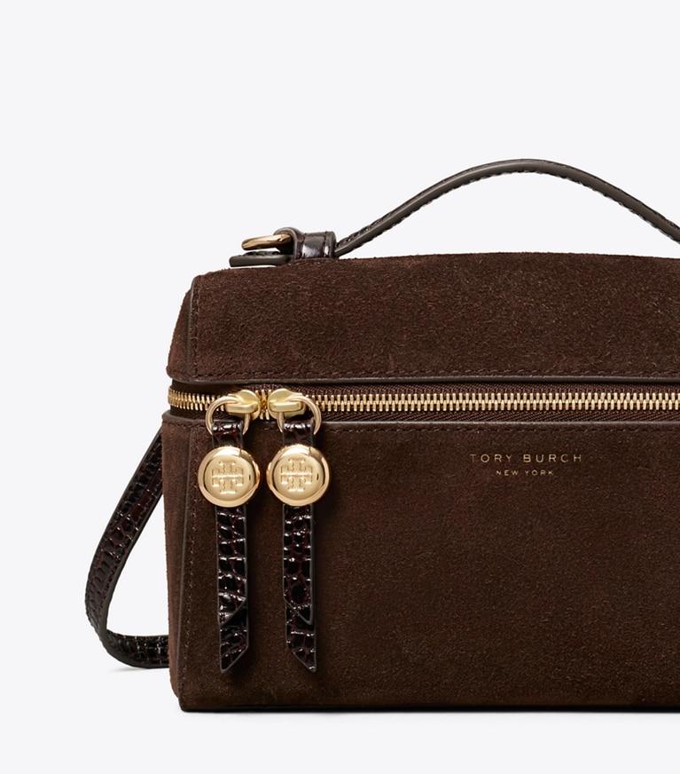 Tory Burch designer crossbody bags Romy Suede Slim Top Handle Bag in DARK COCOA detail
