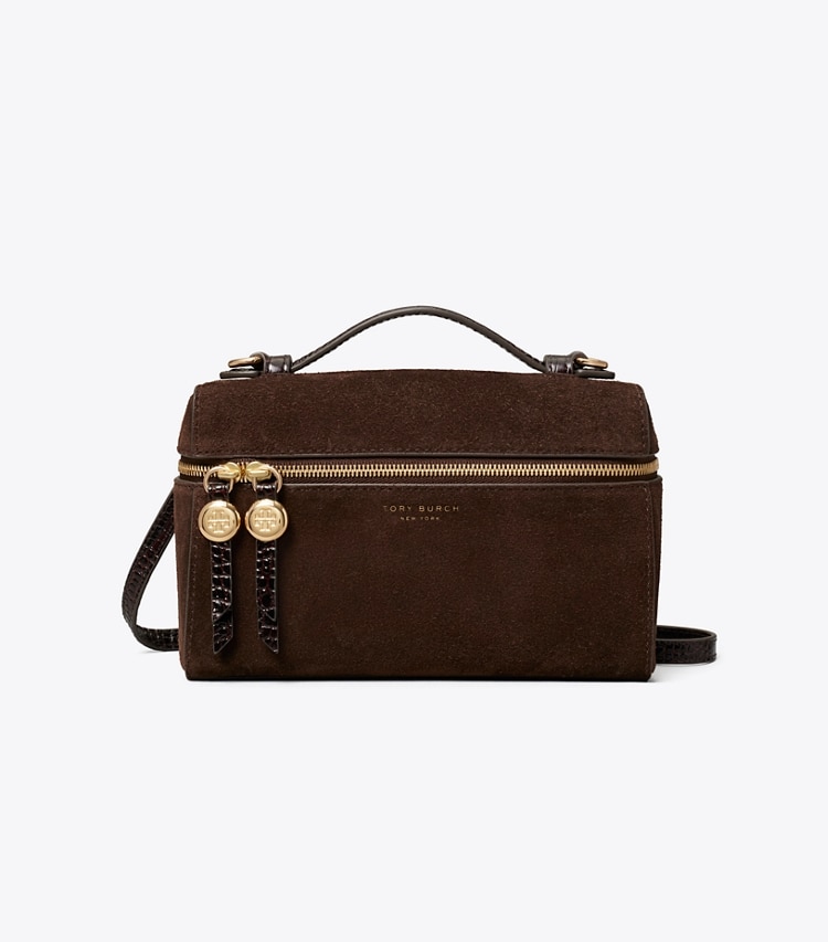 Tory Burch designer crossbody bags Romy Suede Slim Top Handle Bag in DARK COCOA front