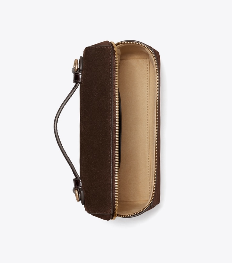 Tory Burch designer crossbody bags Romy Suede Slim Top Handle Bag in DARK COCOA overhead