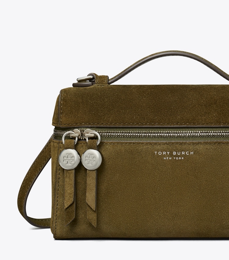 Tory Burch designer crossbody bags Romy Suede Slim Top Handle in Leccio detail