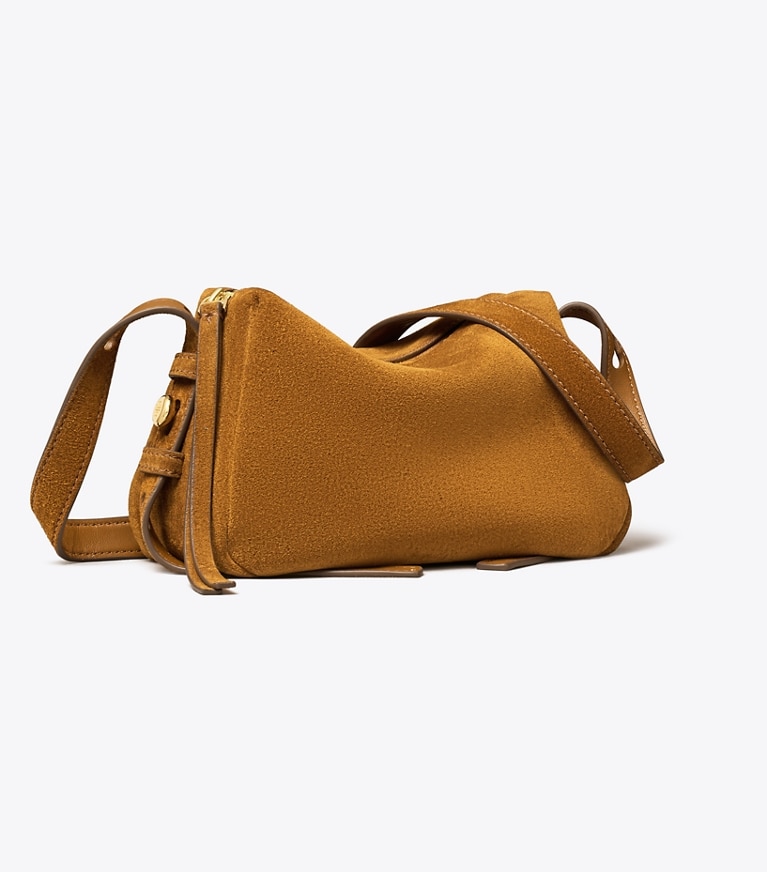 Tory Burch designer crossbody bags Romy Suede Soft Crossbody Bag in Caramel angle