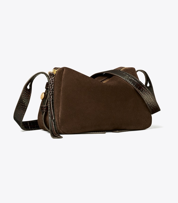 Tory Burch designer crossbody bags Romy Suede Soft Crossbody Bag in Dark Cocoa angle