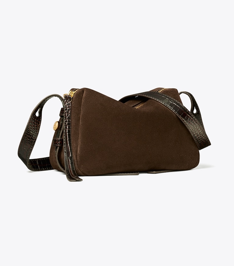 Tory Burch designer crossbody bags Romy Suede Soft Crossbody Bag in Dark Cocoa angle