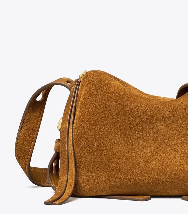 Tory Burch designer crossbody bags Romy Suede Soft Crossbody Bag in Caramel detail