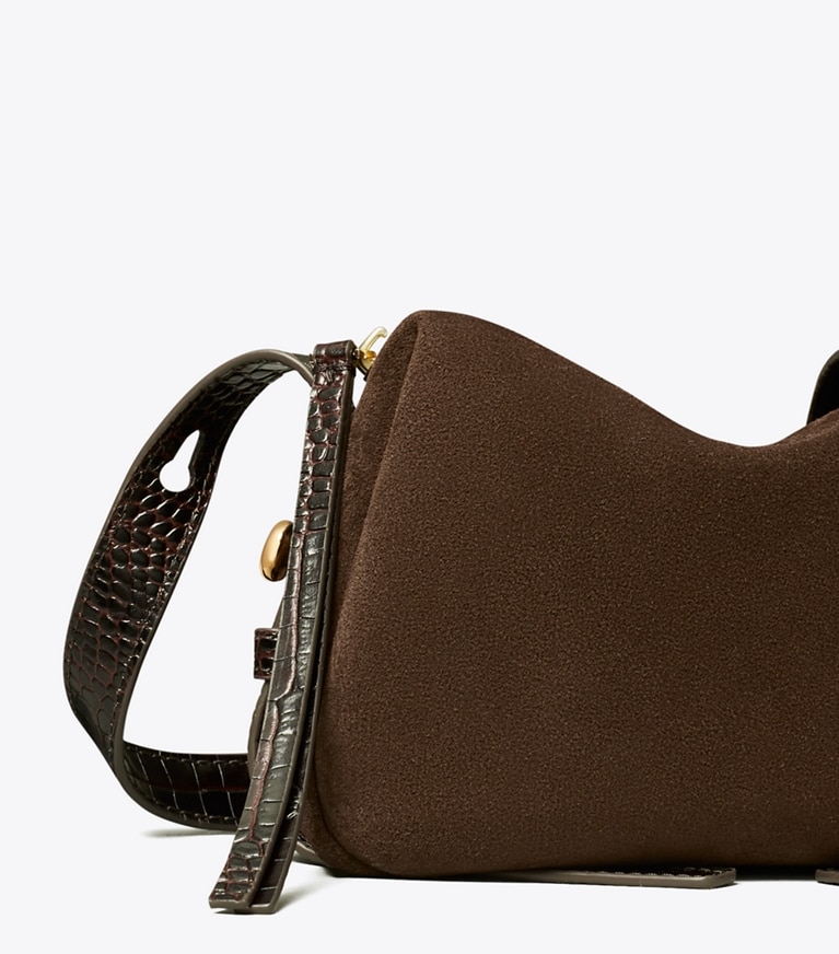 Tory Burch designer crossbody bags Romy Suede Soft Crossbody Bag in Dark Cocoa detail