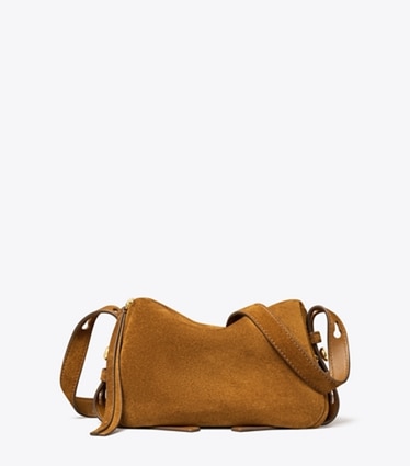 Tory Burch designer crossbody bags Romy Suede Soft Crossbody Bag in Caramel front