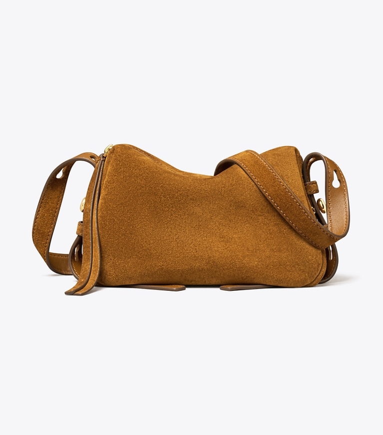 Tory Burch designer crossbody bags Romy Suede Soft Crossbody Bag in Caramel front