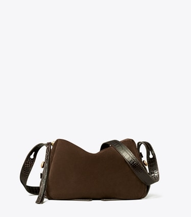 Tory Burch designer crossbody bags Romy Suede Soft Crossbody Bag in Dark Cocoa front