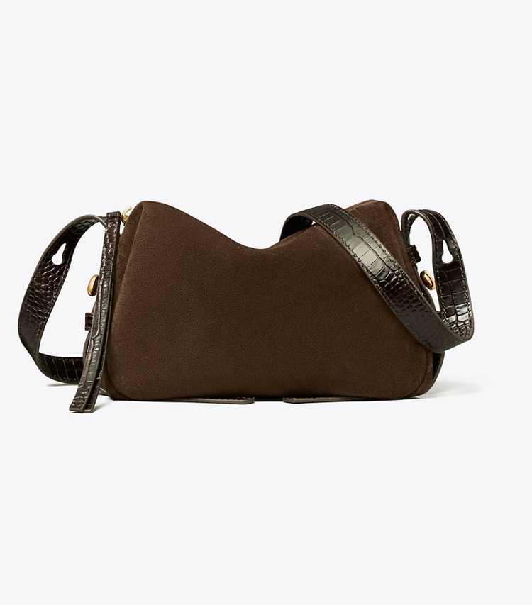 Tory Burch designer crossbody bags Romy Suede Soft Crossbody Bag in Dark Cocoa front