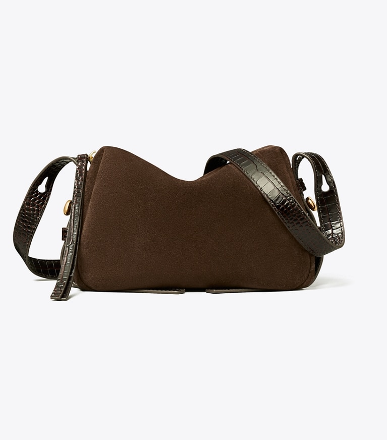 Tory Burch designer crossbody bags Romy Suede Soft Crossbody Bag in Dark Cocoa front