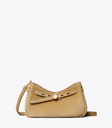 Tory Burch designer crossbody bags Romy Suede Zip Top Crossbody Bag in Butter front