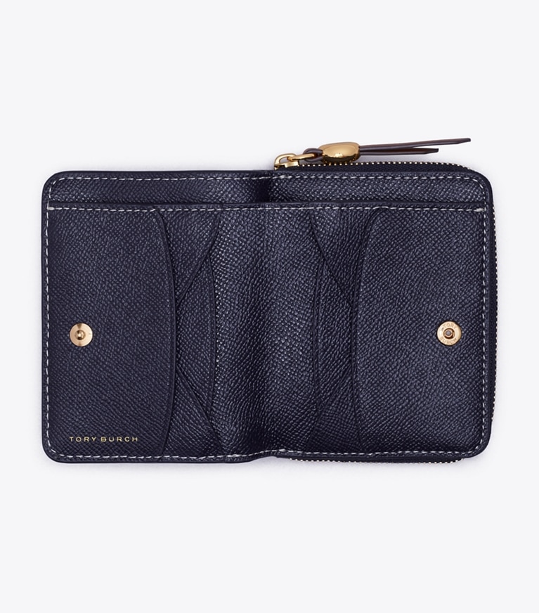 Tory Burch designer 財布 ロミー Tモノグラム バイフォールド ウォレット in Tory Navy オーバーヘッド