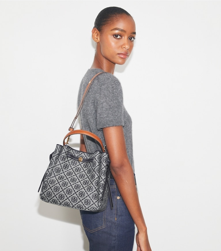 Tory Burch designer crossbody bags Romy T Monogram Bucket Bag in Tory Navy angle