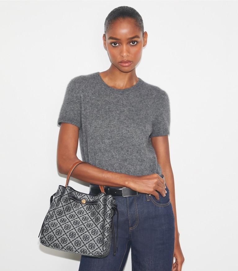 Tory Burch designer crossbody bags Romy T Monogram Bucket Bag in Tory Navy angle