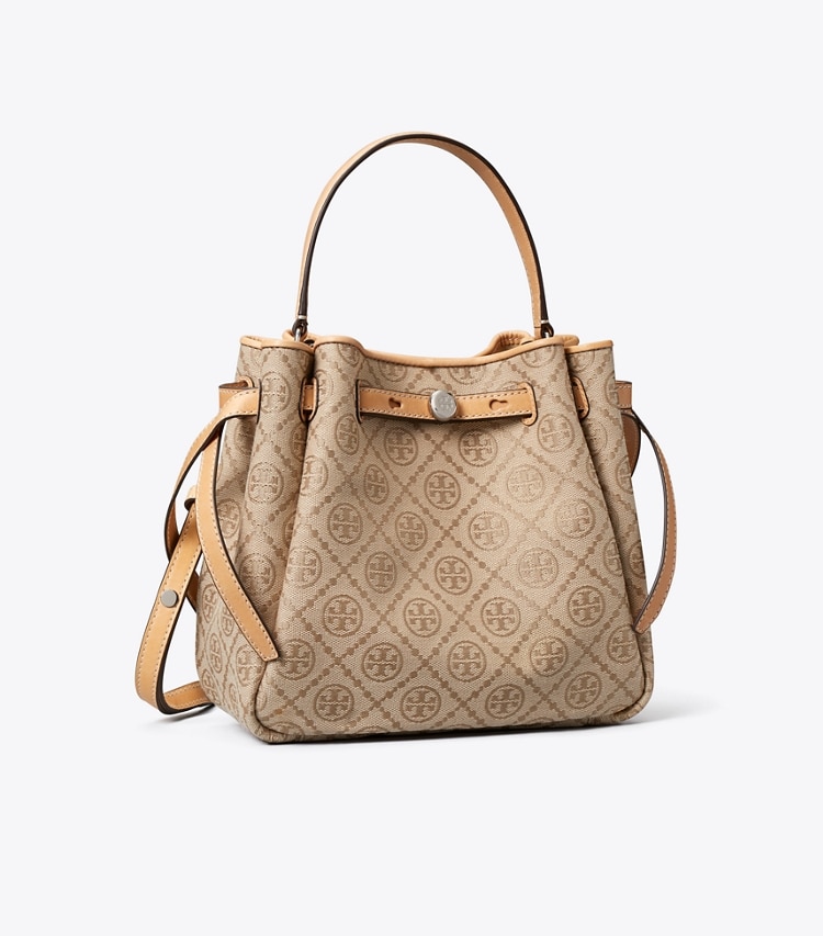 Tory Burch designer クロスボディバッグ ロミー Tモノグラム バケットバッグ in Flax angle