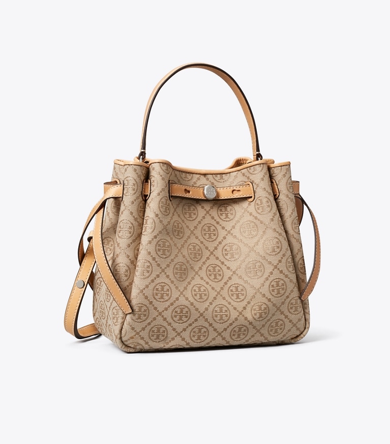 Tory Burch designer クロスボディバッグ ロミー Tモノグラム バケットバッグ in Flax angle