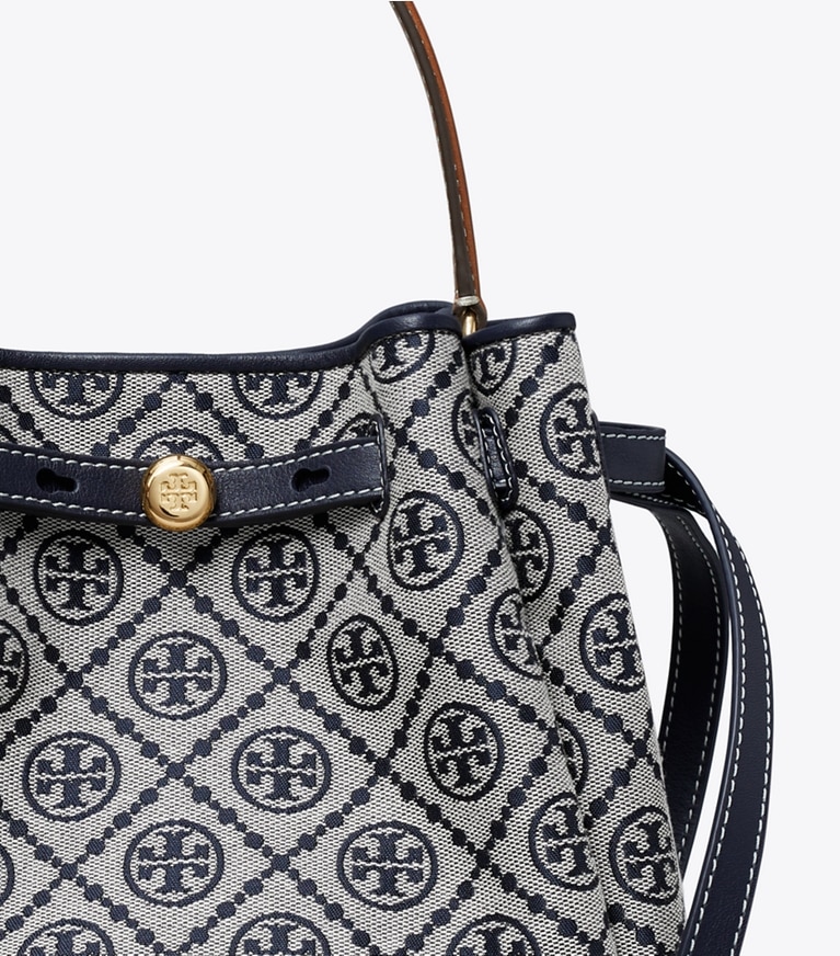 Tory Burch designer crossbody bags Romy T Monogram Bucket Bag in Tory Navy angle