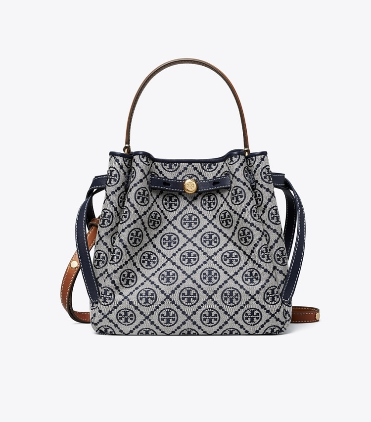 Tory Burch designer crossbody bags Romy T Monogram Bucket Bag in Tory Navy front