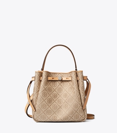 Tory Burch designer クロスボディバッグ ロミー Tモノグラム バケットバッグ in Flax front