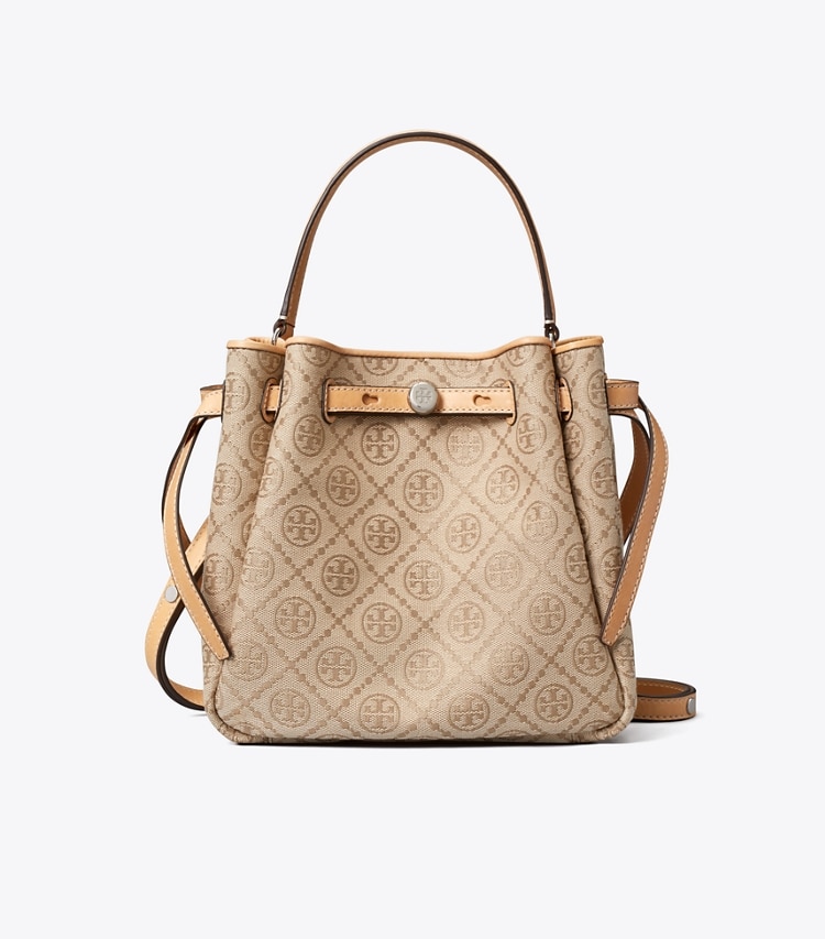Tory Burch designer クロスボディバッグ ロミー Tモノグラム バケットバッグ in Flax front