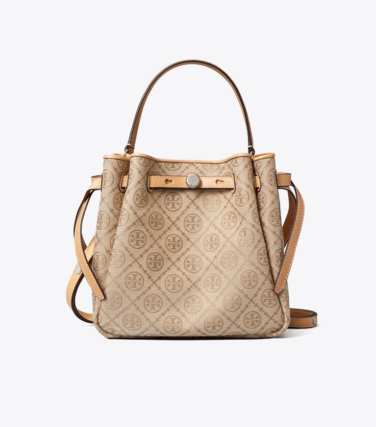 Tory Burch designer クロスボディバッグ ロミー Tモノグラム バケットバッグ in Flax front
