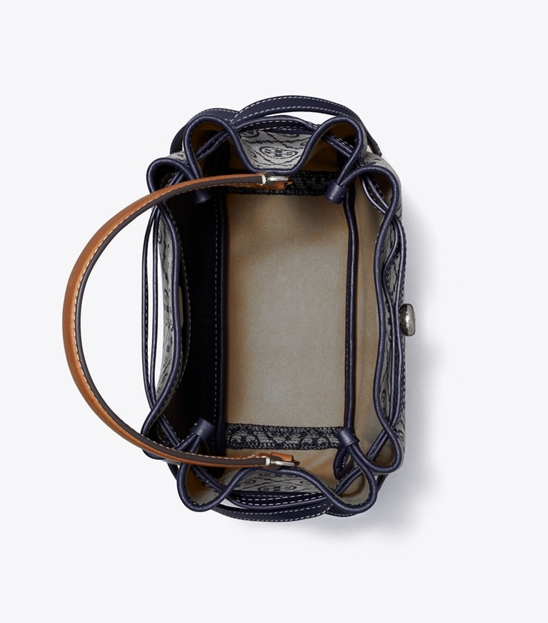 Tory Burch designer crossbody bags Romy T Monogram Bucket Bag in Tory Navy angle