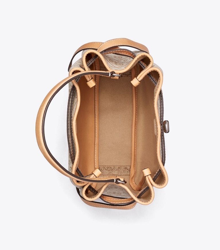 Tory Burch designer クロスボディバッグ ロミー Tモノグラム バケットバッグ in Flax オーバーヘッド