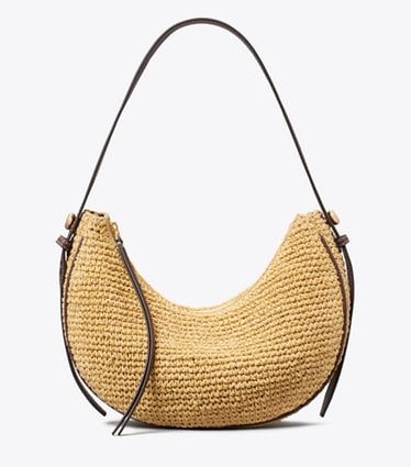 Tory Burch designer shoulder bags Romy T Monogram Crochet Half Moon Bag in Natural front