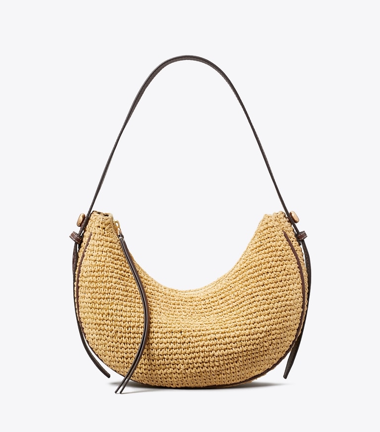 Tory Burch designer shoulder bags Romy T Monogram Crochet Half Moon Bag in Natural front