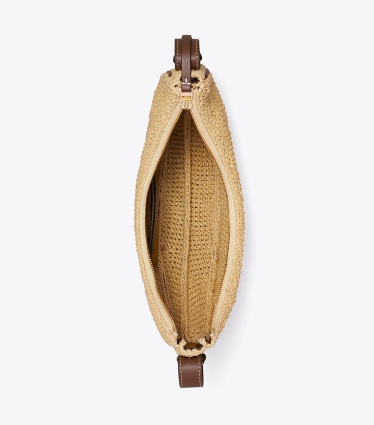 Tory Burch designer shoulder bags Romy T Monogram Crochet Half Moon Bag in Natural overhead