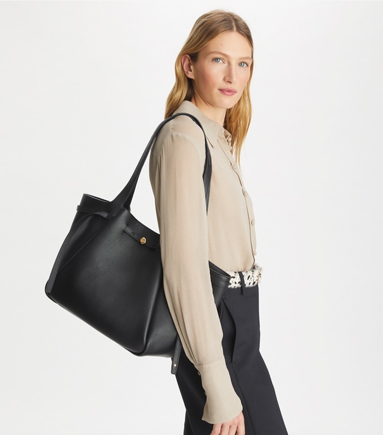 Tory Burch designer tote bags Romy Tote in Black accessory on model