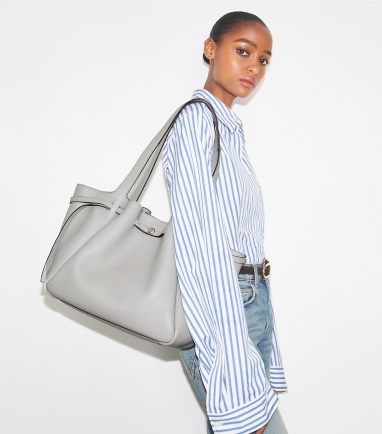 Tory Burch designer tote bags Romy Tote in Light Granite angle