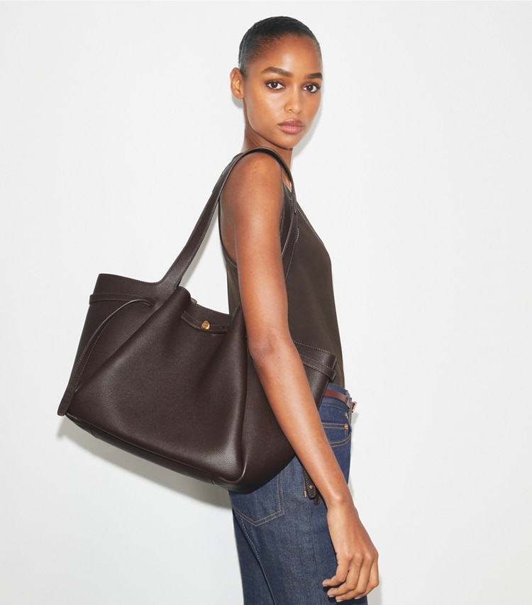 Tory Burch designer tote bags Romy Tote in Deep Brown accessory on model