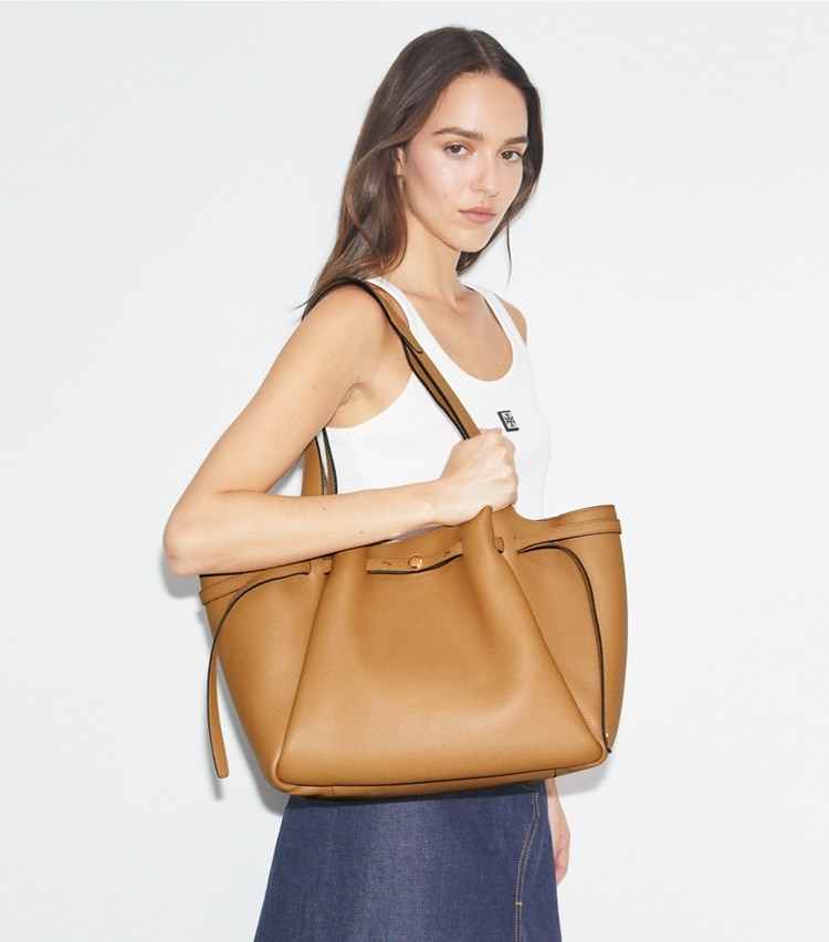 Tory Burch designer tote bags Romy Tote in Tiramisu accessory on model