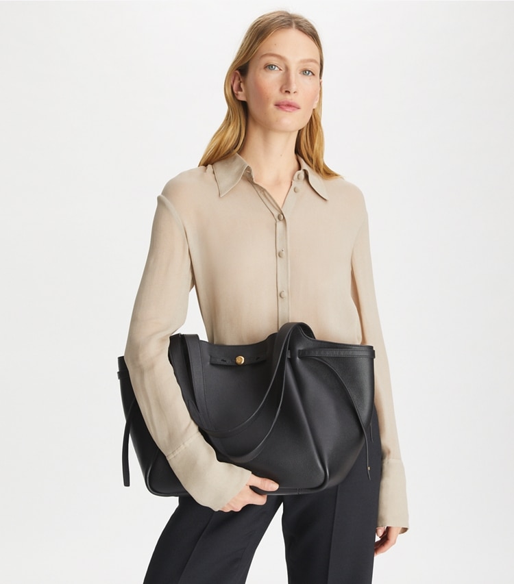 Tory Burch designer tote bags Romy Tote in Black additional on model