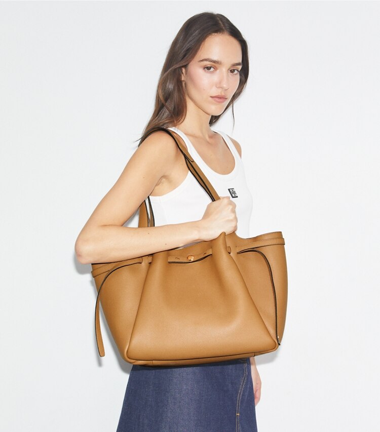 Tory Burch designer tote bags Romy Tote Bag in Tiramisu accessory on model