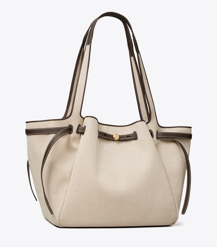 Tory Burch designer tote bags Romy Tote Bag aus Canvas in Dusty Almond/ Bianco White angle