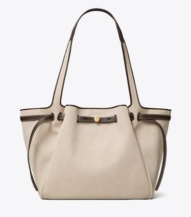 Tory Burch designer tote bags Romy Tote Bag aus Canvas in Dusty Almond/ Bianco White front